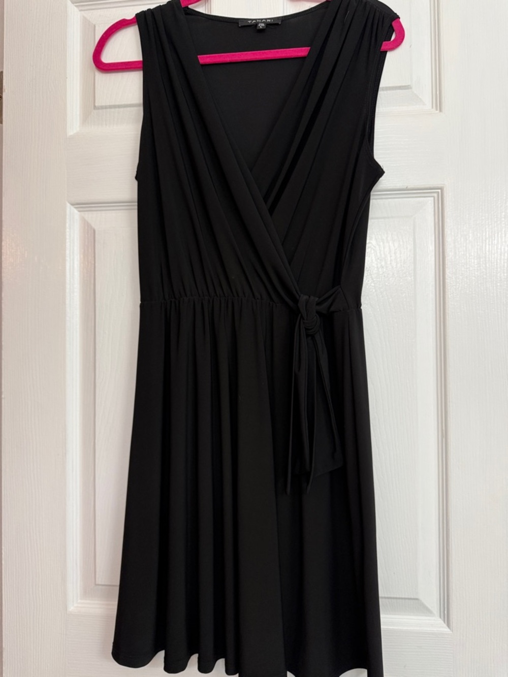 Tahari Black Sleeveless Faux-Wrap Midi Dress